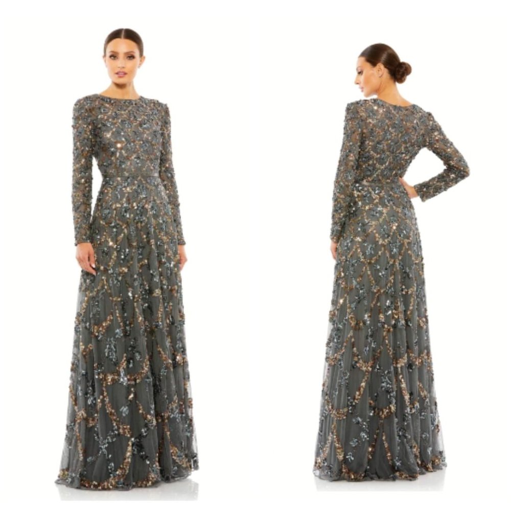 Mac Duggal Size 8 Embellished Illusion High Neck Long Sleeve A Line Gown New